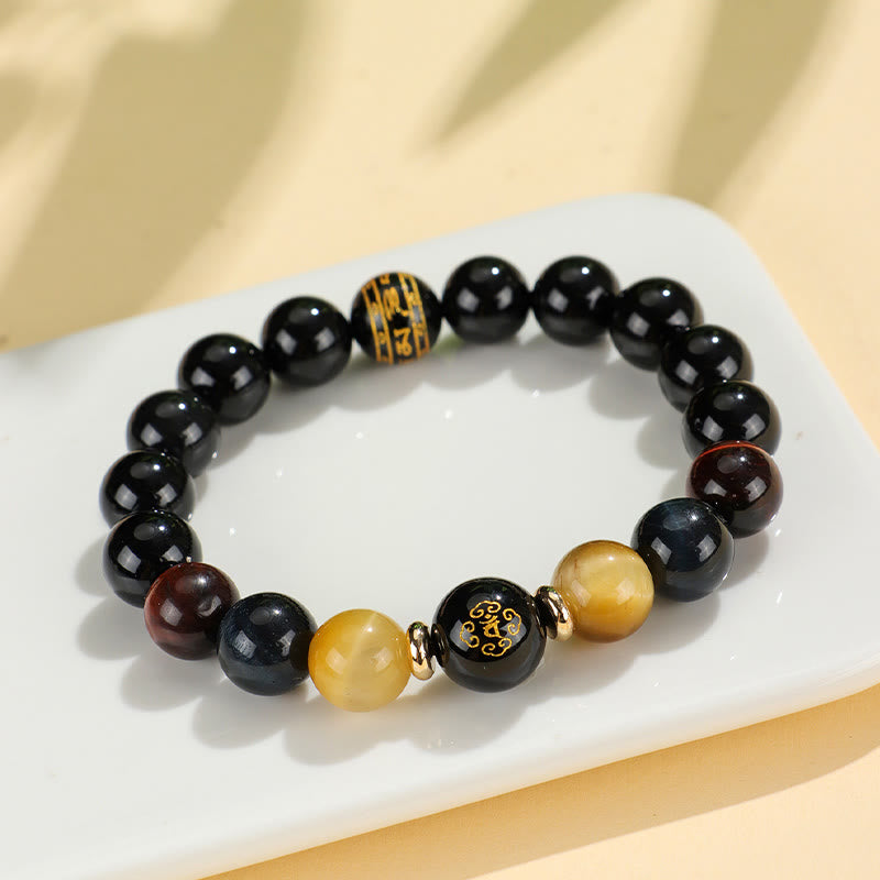 Buddha Stones Onice nero Occhio di tigre Om Mani Padme Hum Zodiaco cinese Braccialetto di supporto del Buddha di Natale