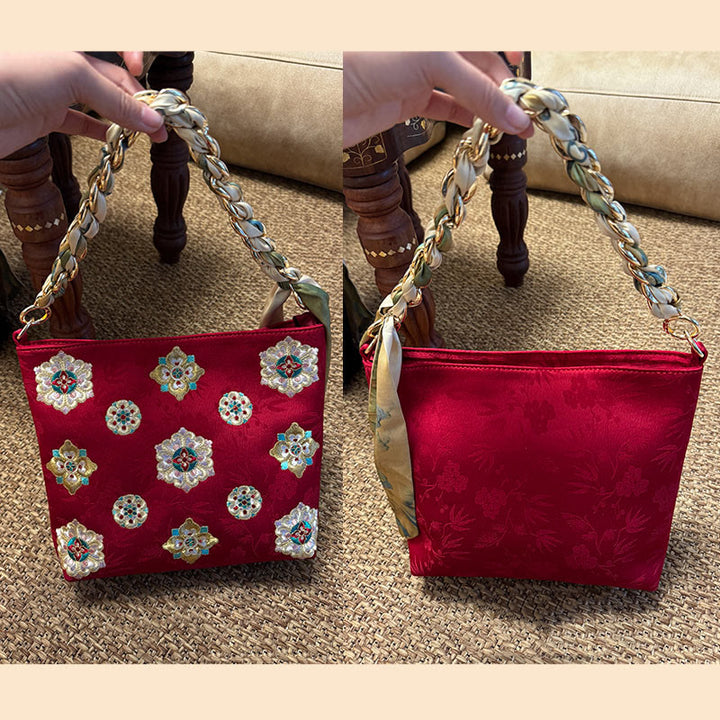 Borsa a tracolla per lo shopping in raso con ricamo Buddha Stones Su Journey