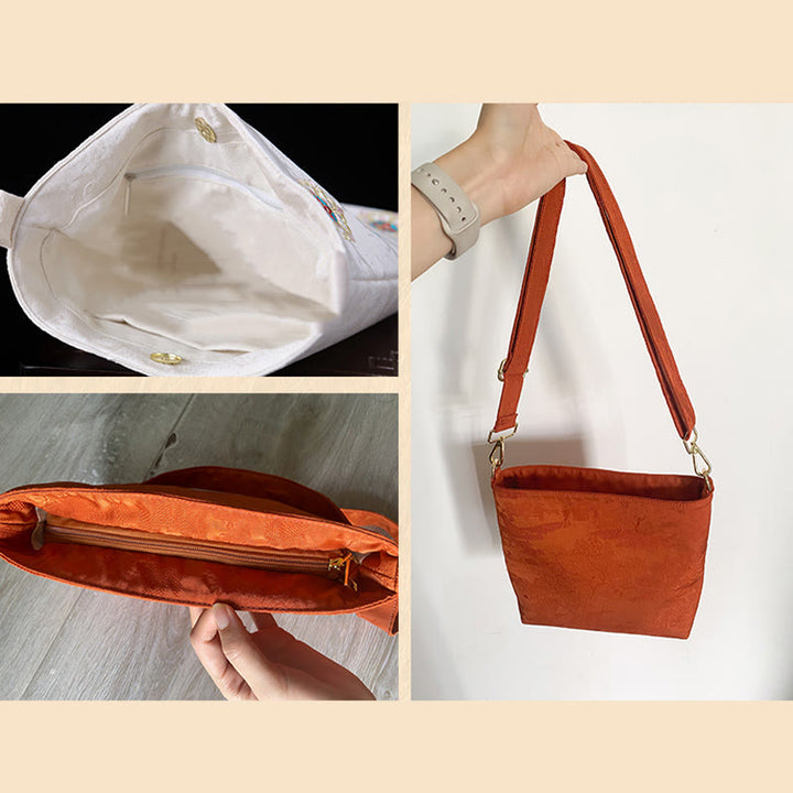 Borsa a tracolla per lo shopping in raso con ricamo Buddha Stones Su Journey