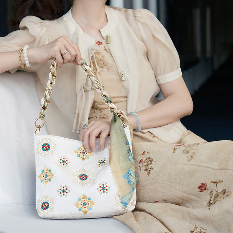 Borsa a tracolla per lo shopping in raso con ricamo Buddha Stones Su Journey