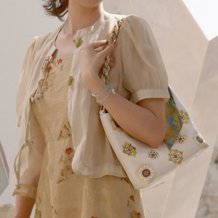 Borsa a tracolla per lo shopping in raso con ricamo Buddha Stones Su Journey