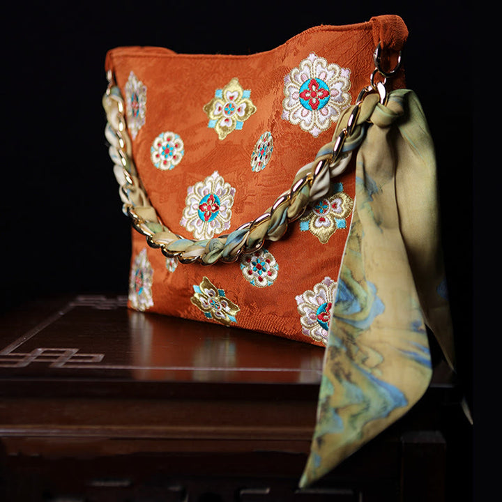 Borsa a tracolla per lo shopping in raso con ricamo Buddha Stones Su Journey