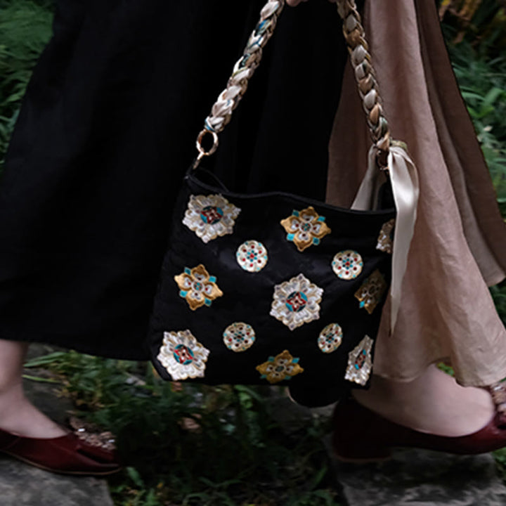 Borsa a tracolla per lo shopping in raso con ricamo Buddha Stones Su Journey