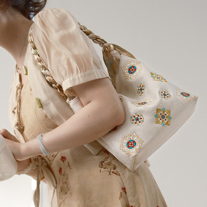 Borsa a tracolla per lo shopping in raso con ricamo Buddha Stones Su Journey