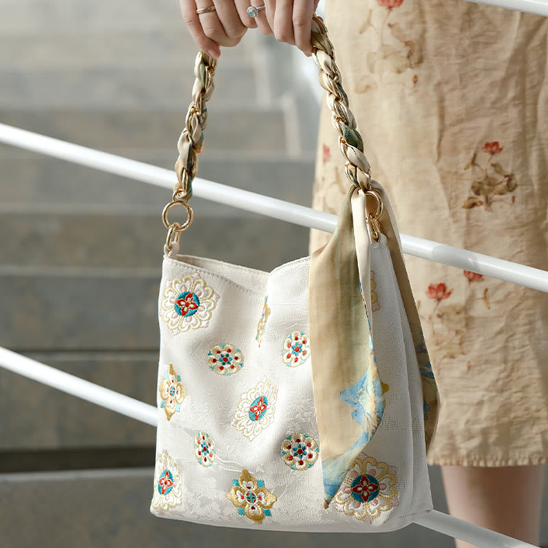 Borsa a tracolla per lo shopping in raso con ricamo Buddha Stones Su Journey