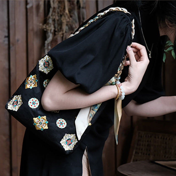 Borsa a tracolla per lo shopping in raso con ricamo Buddha Stones Su Journey