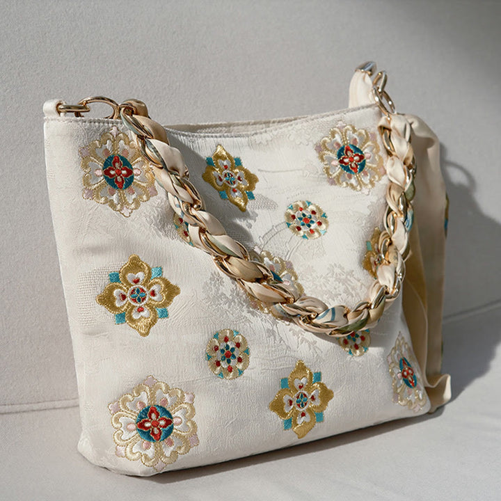 Borsa a tracolla per lo shopping in raso con ricamo Buddha Stones Su Journey