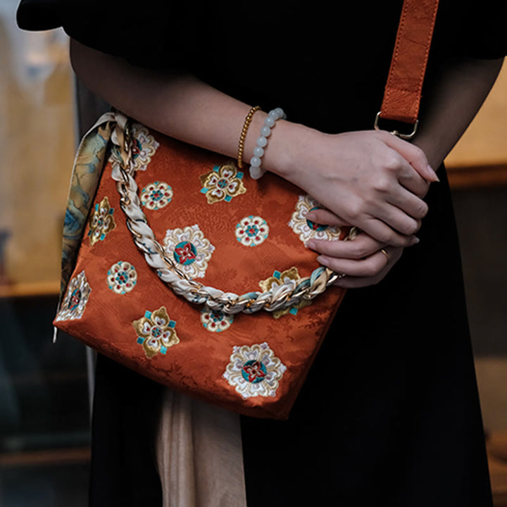 Borsa a tracolla per lo shopping in raso con ricamo Buddha Stones Su Journey