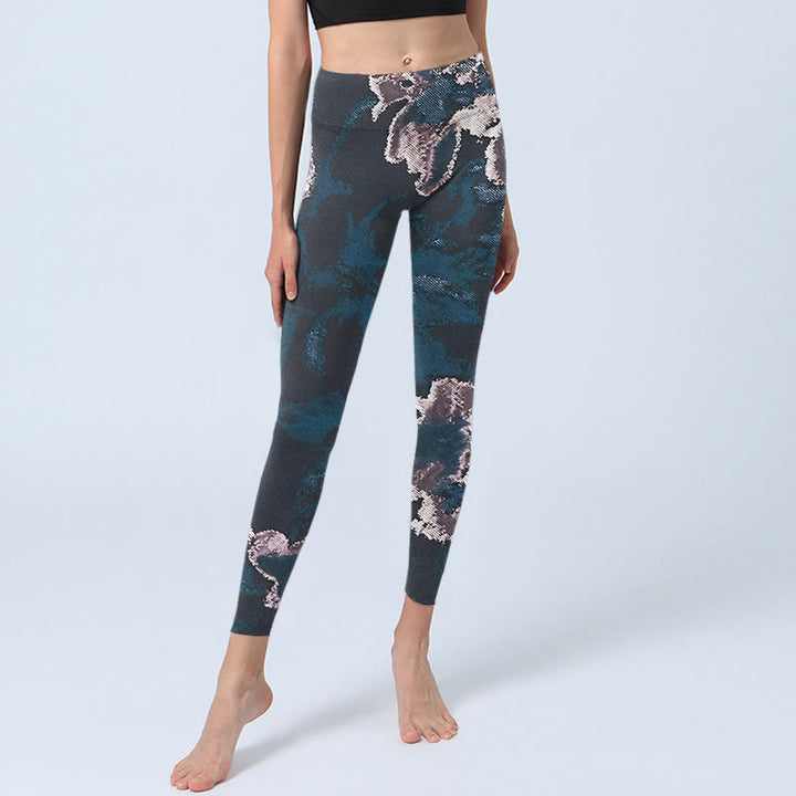 Leggings da yoga da donna con stampa di fiori in acciaio blu argento Buddha Stones - image 6