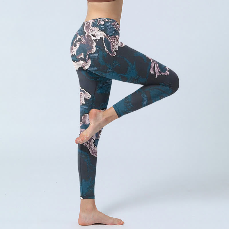 Leggings da yoga da donna con stampa di fiori in acciaio blu argento Buddha Stones - image 4