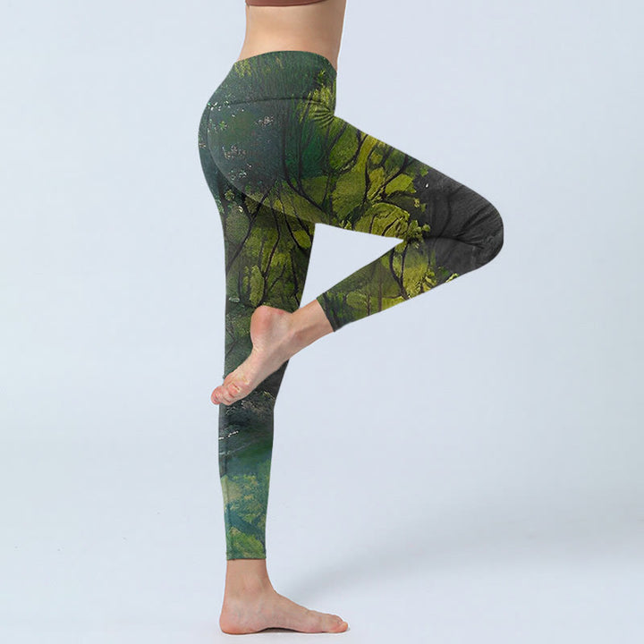 Leggings da yoga da donna con stampa a linee nere e foglie verdi foresta Buddha Stones - image 4