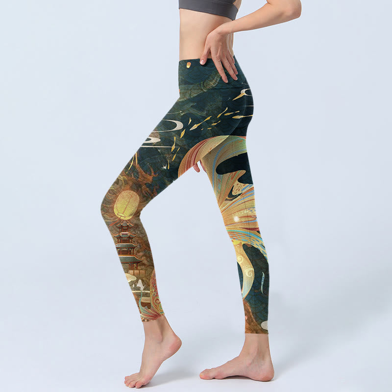 Leggings da yoga da donna con lanterna volante a forma di torre di pesce koi grigio ardesia scuro Buddha Stones - image 3