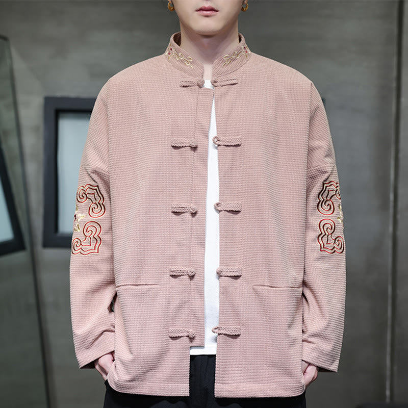 Buddha Stones Uomo Rana-Bottone Tang Suit Velluto a Coste Cotone Ricamato Giacca Lunga Camicia Con Tasche
