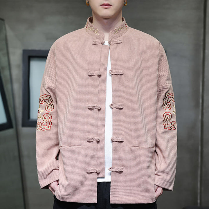 Buddha Stones Uomo Rana-Bottone Tang Suit Velluto a Coste Cotone Ricamato Giacca Lunga Camicia Con Tasche