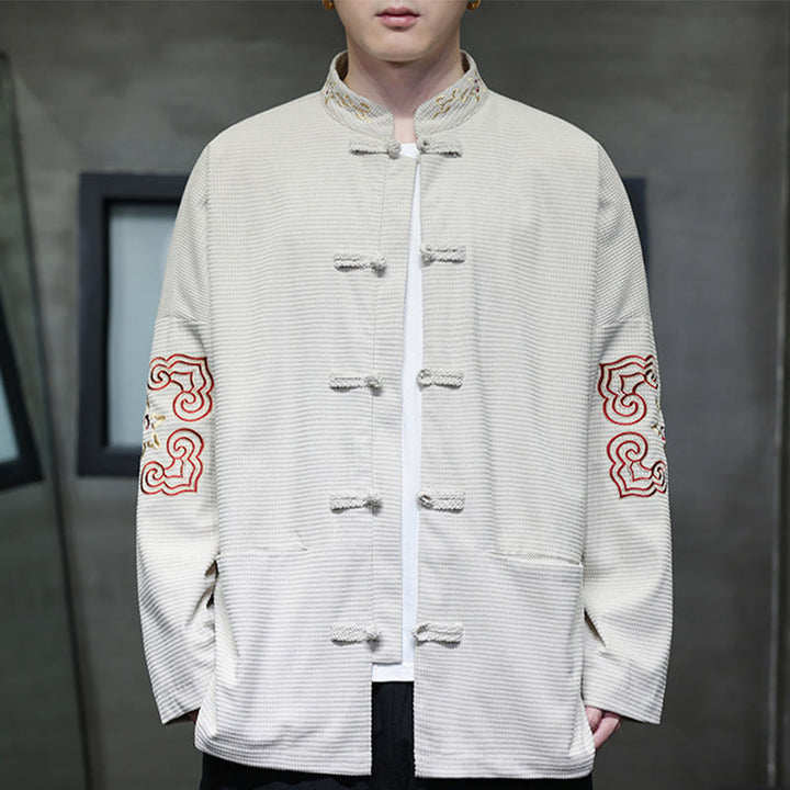 Buddha Stones Uomo Rana-Bottone Tang Suit Velluto a Coste Cotone Ricamato Giacca Lunga Camicia Con Tasche
