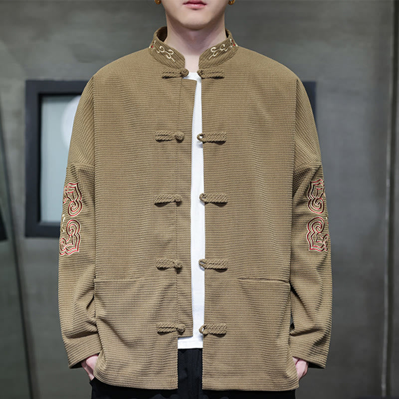 Buddha Stones Uomo Rana-Bottone Tang Suit Velluto a Coste Cotone Ricamato Giacca Lunga Camicia Con Tasche