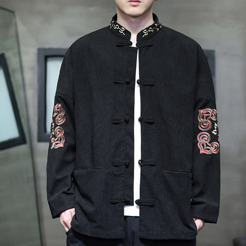 Buddha Stones Uomo Rana-Bottone Tang Suit Velluto a Coste Cotone Ricamato Giacca Lunga Camicia Con Tasche