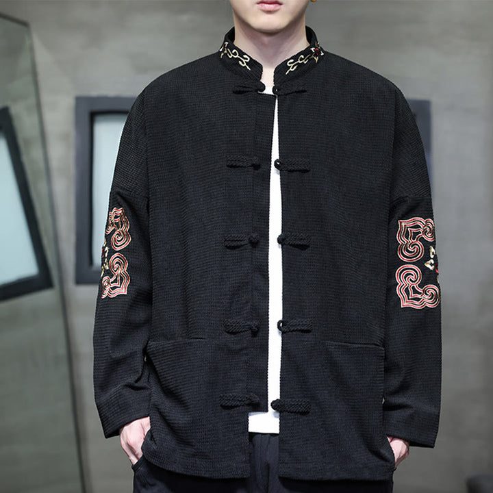 Buddha Stones Uomo Rana-Bottone Tang Suit Velluto a Coste Cotone Ricamato Giacca Lunga Camicia Con Tasche