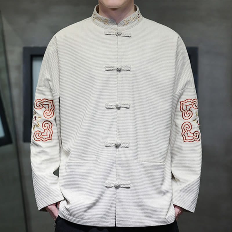 Buddha Stones Uomo Rana-Bottone Tang Suit Velluto a Coste Cotone Ricamato Giacca Lunga Camicia Con Tasche