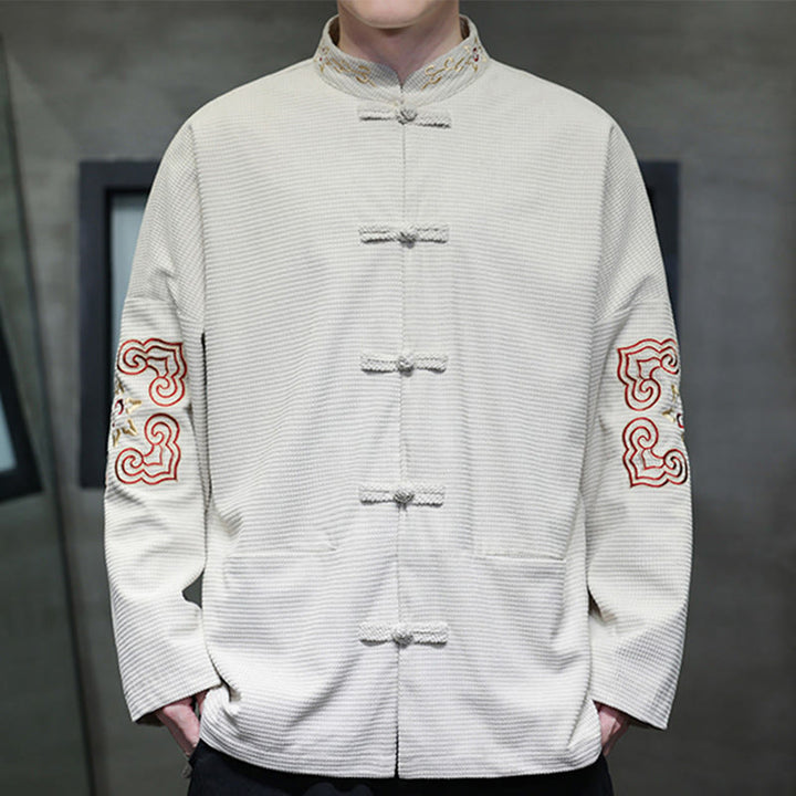 Buddha Stones Uomo Rana-Bottone Tang Suit Velluto a Coste Cotone Ricamato Giacca Lunga Camicia Con Tasche