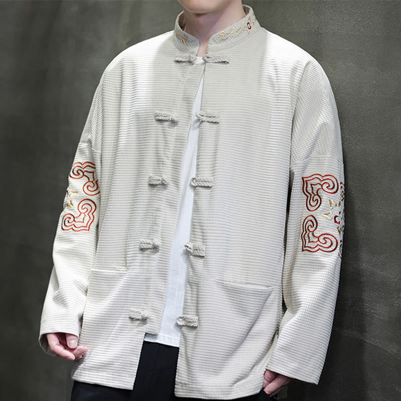 Buddha Stones Uomo Rana-Bottone Tang Suit Velluto a Coste Cotone Ricamato Giacca Lunga Camicia Con Tasche