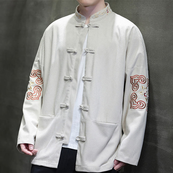 Buddha Stones Uomo Rana-Bottone Tang Suit Velluto a Coste Cotone Ricamato Giacca Lunga Camicia Con Tasche