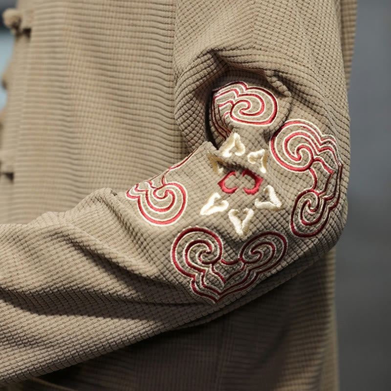 Buddha Stones Uomo Rana-Bottone Tang Suit Velluto a Coste Cotone Ricamato Giacca Lunga Camicia Con Tasche