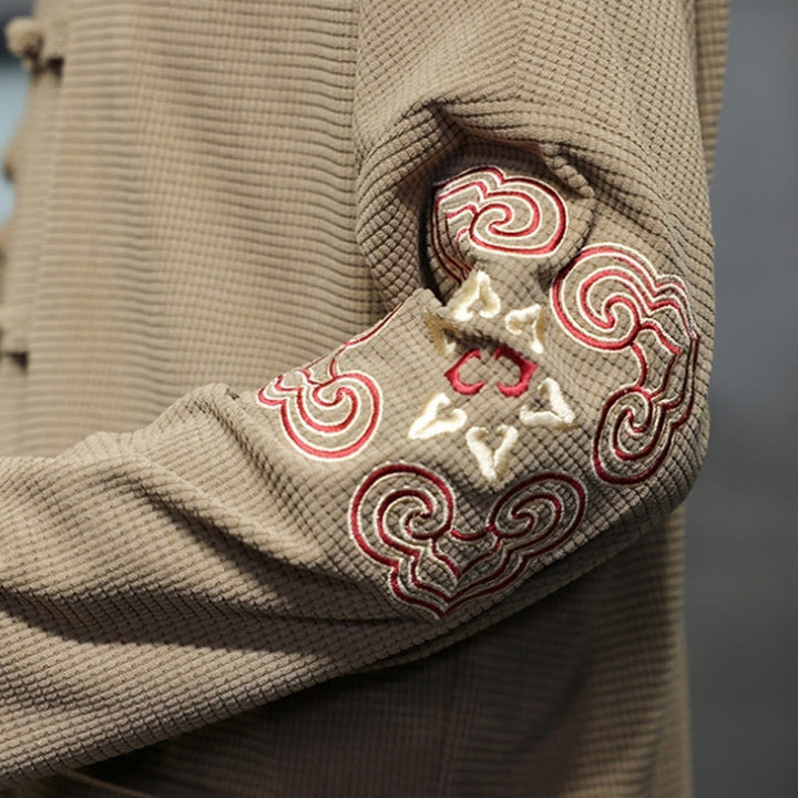 Buddha Stones Uomo Rana-Bottone Tang Suit Velluto a Coste Cotone Ricamato Giacca Lunga Camicia Con Tasche