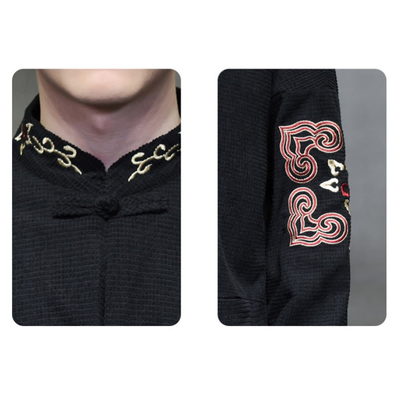 Buddha Stones Uomo Rana-Bottone Tang Suit Velluto a Coste Cotone Ricamato Giacca Lunga Camicia Con Tasche