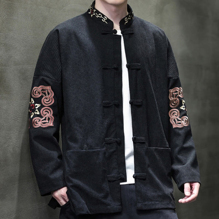 Buddha Stones Uomo Rana-Bottone Tang Suit Velluto a Coste Cotone Ricamato Giacca Lunga Camicia Con Tasche