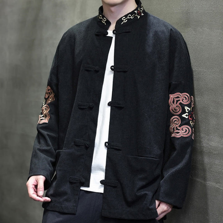 Buddha Stones Uomo Rana-Bottone Tang Suit Velluto a Coste Cotone Ricamato Giacca Lunga Camicia Con Tasche