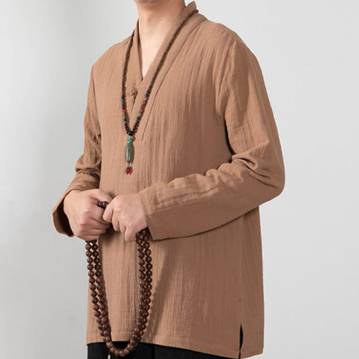 Buddha Stones Fall Simple V-Neck Manica Lunga T-Shirt Cotone Abbigliamento Uomo