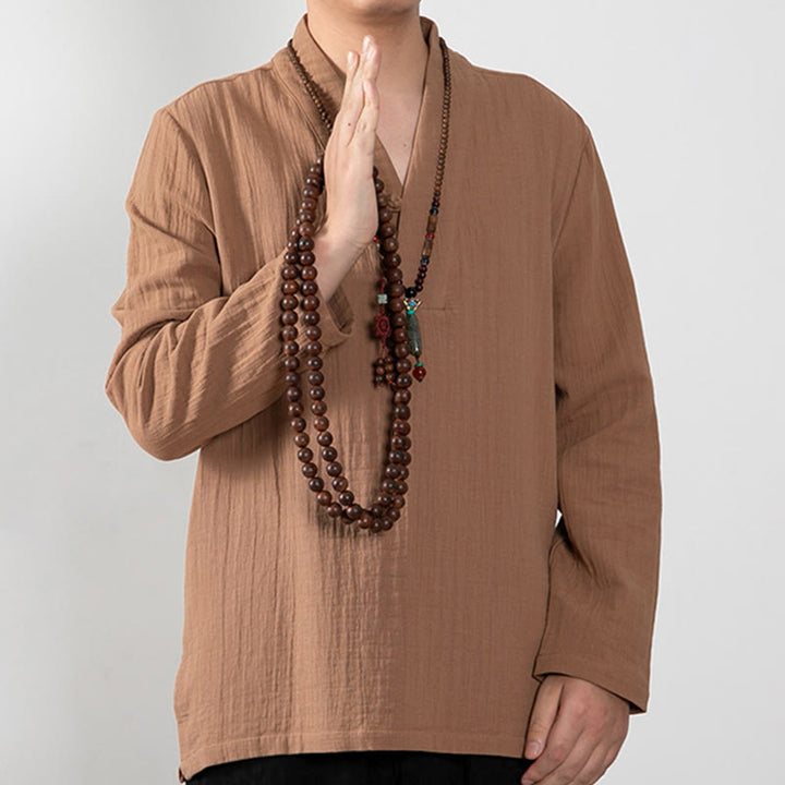 Buddha Stones Fall Simple V-Neck Manica Lunga T-Shirt Cotone Abbigliamento Uomo