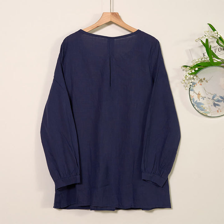 Camicia da donna in cotone e lino con scollo rotondo e maniche lunghe a pieghe casual con Buddha Stones - image 13