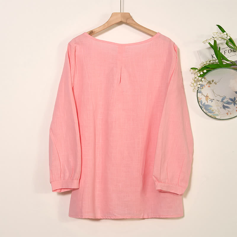 Camicia da donna in cotone e lino con scollo rotondo e maniche lunghe a pieghe casual con Buddha Stones - image 9