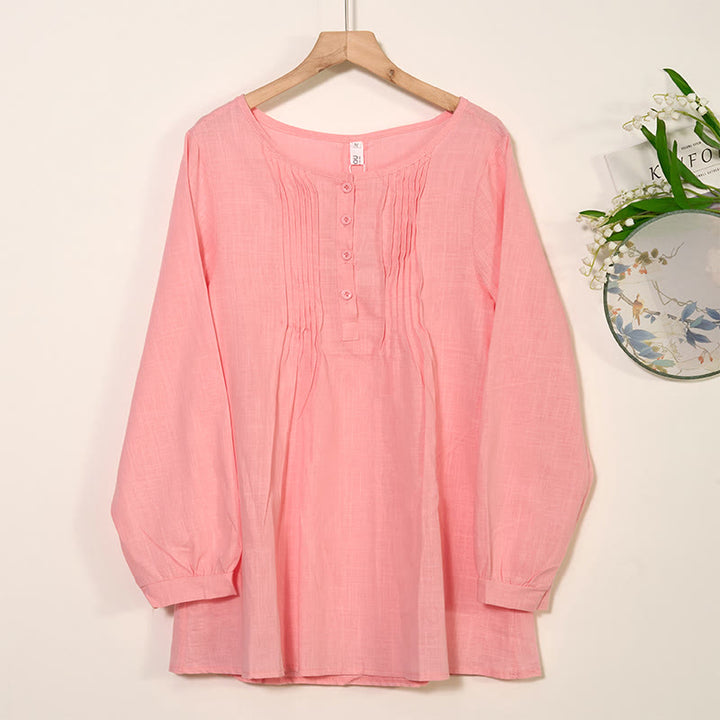 Camicia da donna in cotone e lino con scollo rotondo e maniche lunghe a pieghe casual con Buddha Stones - Rosa chiaro - US/UK/AU46, EU56 (5XL) - image 8