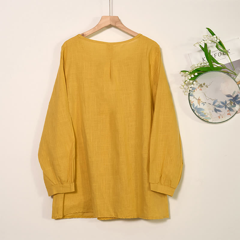 Camicia da donna in cotone e lino con scollo rotondo e maniche lunghe a pieghe casual con Buddha Stones - image 1
