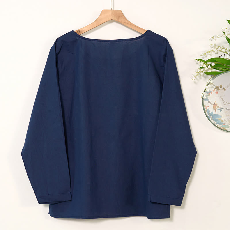 Buddha Stones Casual Dandelion Manica Lunga Girocollo Camicia Cotone Lino Camicie Donna