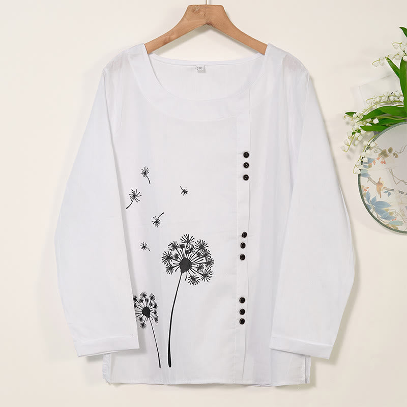 Buddha Stones Casual Dandelion Manica Lunga Girocollo Camicia Cotone Lino Camicie Donna