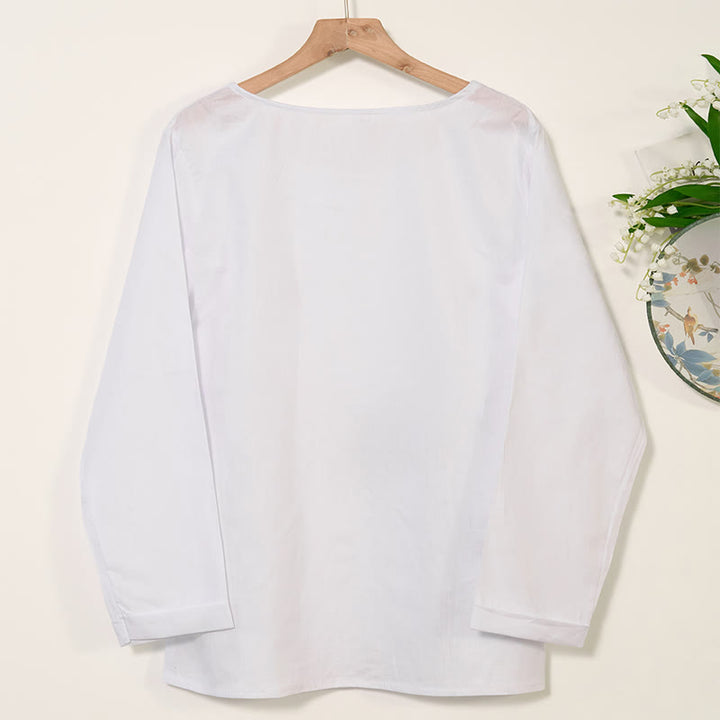 Buddha Stones Casual Dandelion Manica Lunga Girocollo Camicia Cotone Lino Camicie Donna