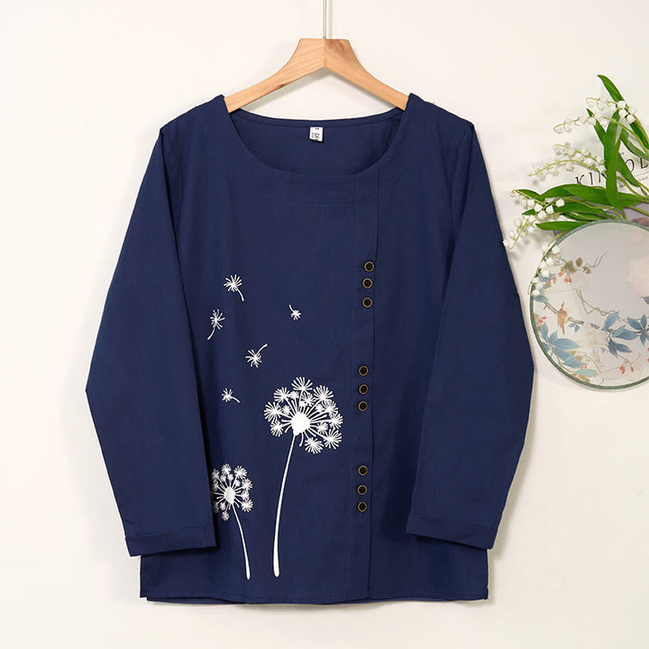 Buddha Stones Casual Dandelion Manica Lunga Girocollo Camicia Cotone Lino Camicie Donna