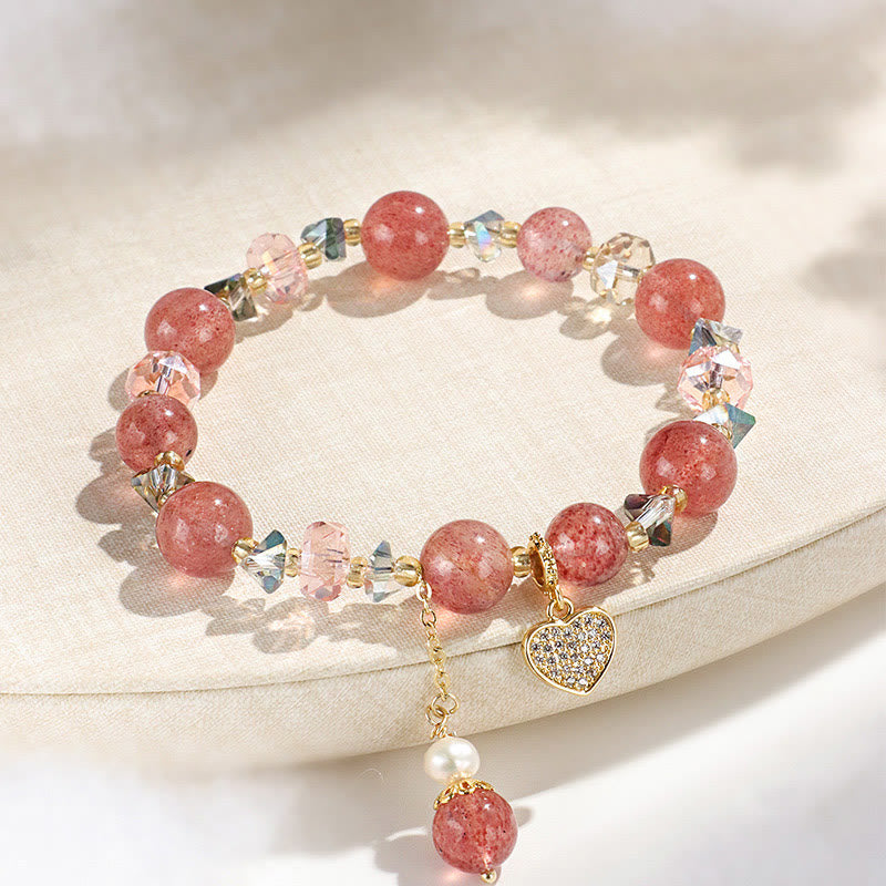 Braccialetto di guarigione a forma di cuore di Liuli con perle di cristallo bianco e quarzo fragola Buddha Stones