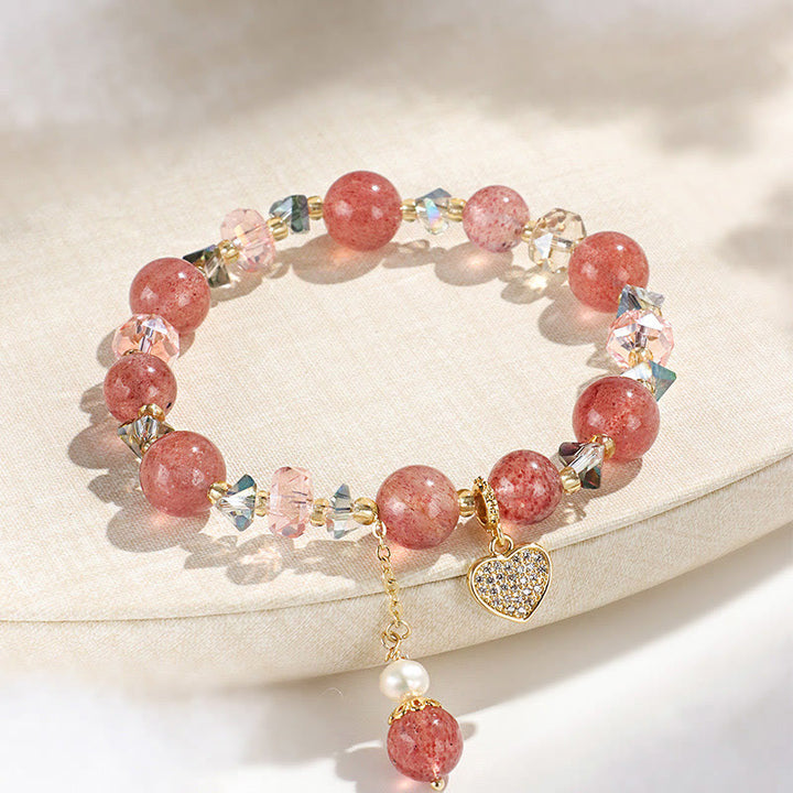 Braccialetto di guarigione a forma di cuore di Liuli con perle di cristallo bianco e quarzo fragola Buddha Stones