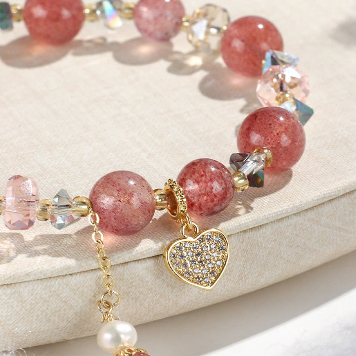 Braccialetto di guarigione a forma di cuore di Liuli con perle di cristallo bianco e quarzo fragola Buddha Stones