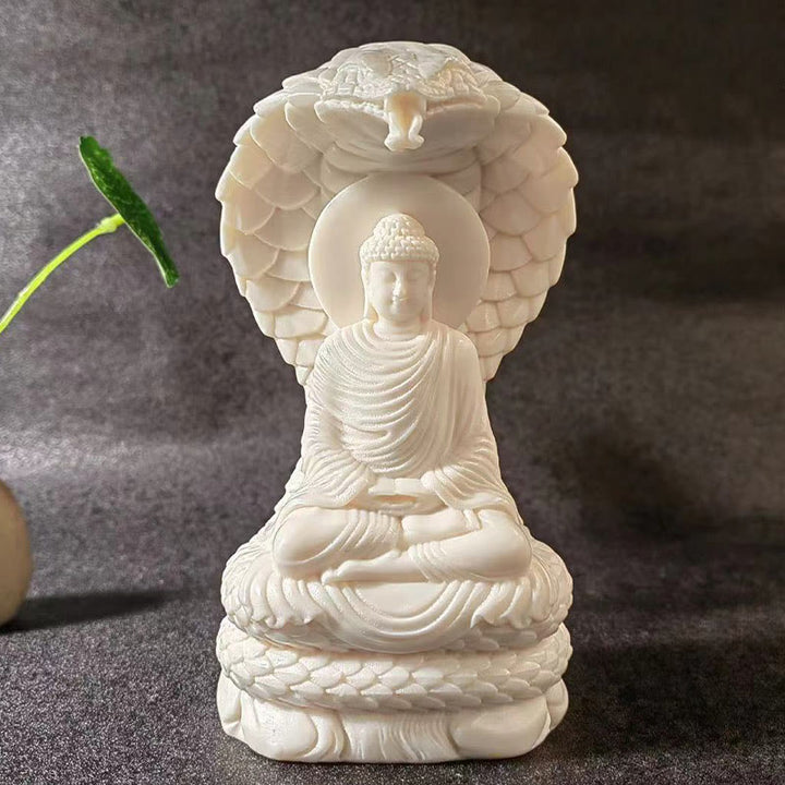 Buddha Stones Tathagata Shakyamuni Serpente Loto Avorio Frutto Meditazione Statua Serenità Decorazione Casa