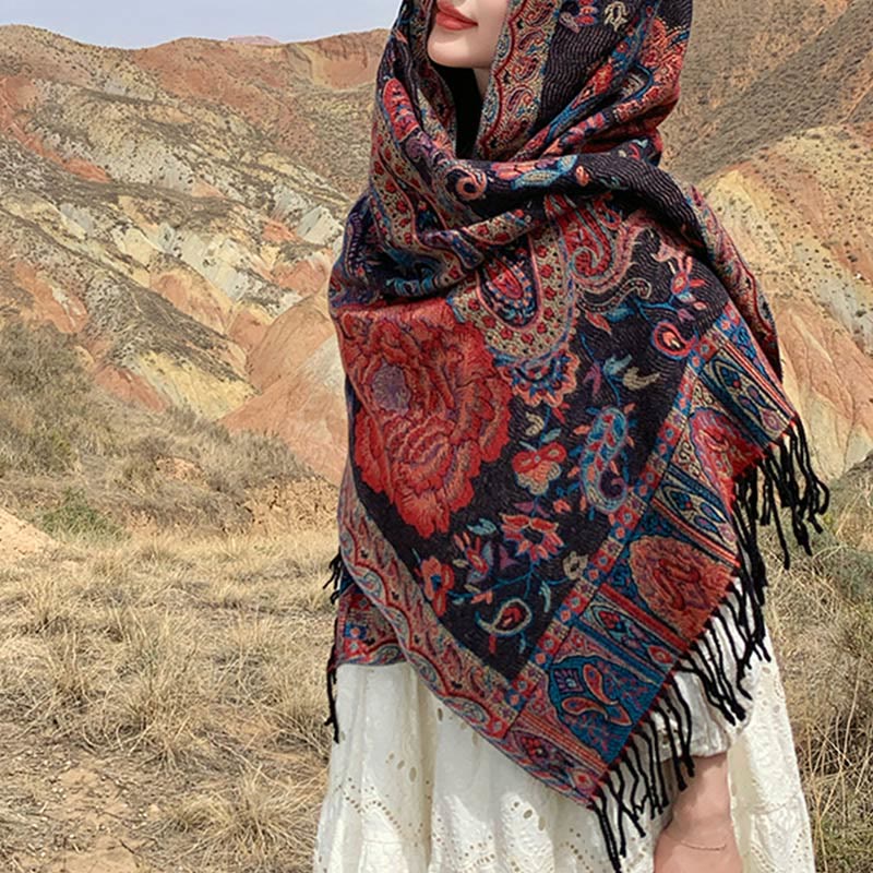 Buddha Stones, anacardi tibetani, fiori di peonia, nappe di vite, scialle, sciarpa avvolgente, calda, invernale