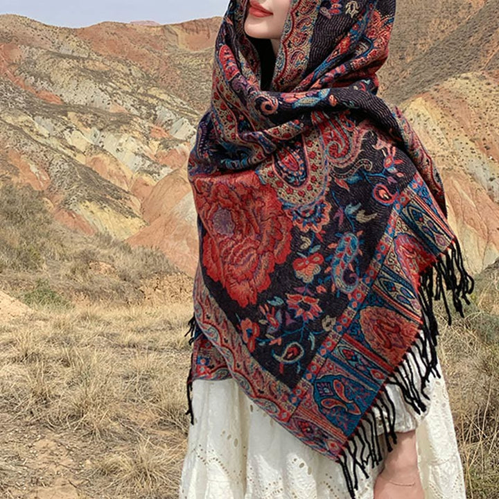 Buddha Stones, anacardi tibetani, fiori di peonia, nappe di vite, scialle, sciarpa avvolgente, calda, invernale