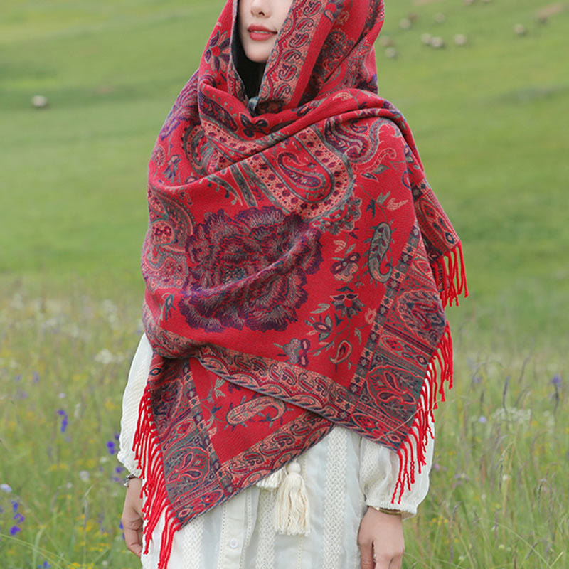 Buddha Stones, anacardi tibetani, fiori di peonia, nappe di vite, scialle, sciarpa avvolgente, calda, invernale