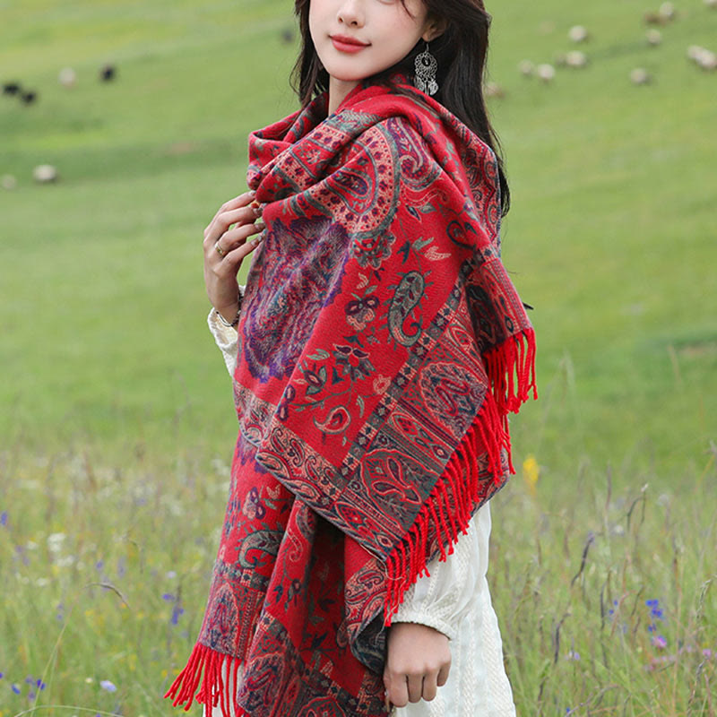 Buddha Stones, anacardi tibetani, fiori di peonia, nappe di vite, scialle, sciarpa avvolgente, calda, invernale