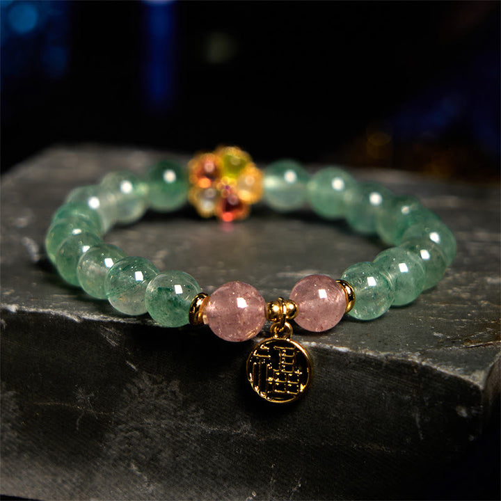 Braccialetto con carattere Fu rilassante in quarzo fragola verde naturale Buddha Stones
